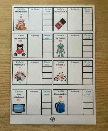 Apprentissage des problèmes CP : Argent 