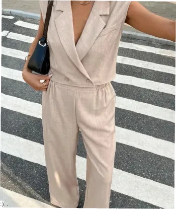 Ensemble S Beige Coordonné Blazer sans Manches - Pantalon Large Neuf Jamais Porté