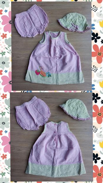 Ensemble tenue bébé 12mois 1 an une robe un short un chapeau Vichy violet vert