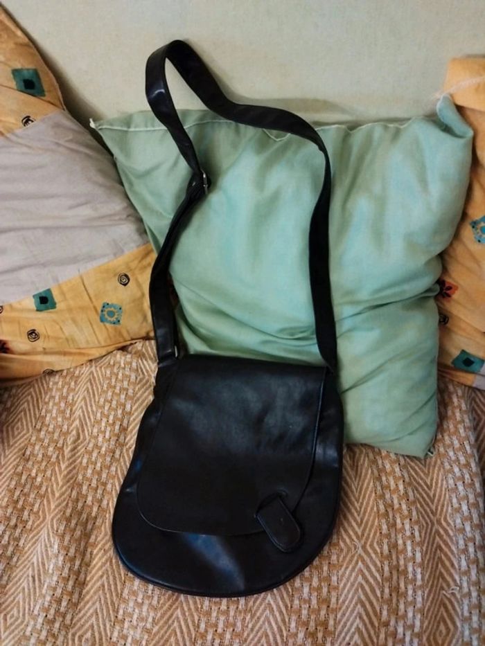 Sac noir bandoulière cuir et coton vintage bag - photo numéro 2