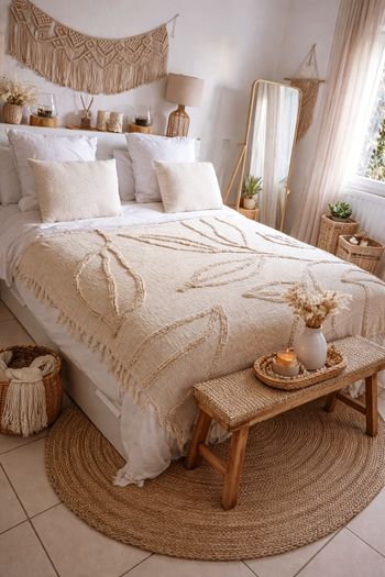 Plaid Bohème Texturé Crème – Jeté de Lit Décoratif Motifs Feuilles