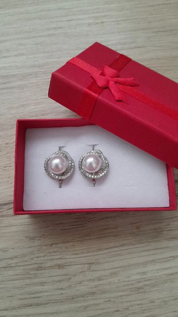 Boucles d'oreilles à clips, argentées perle blanche et strass