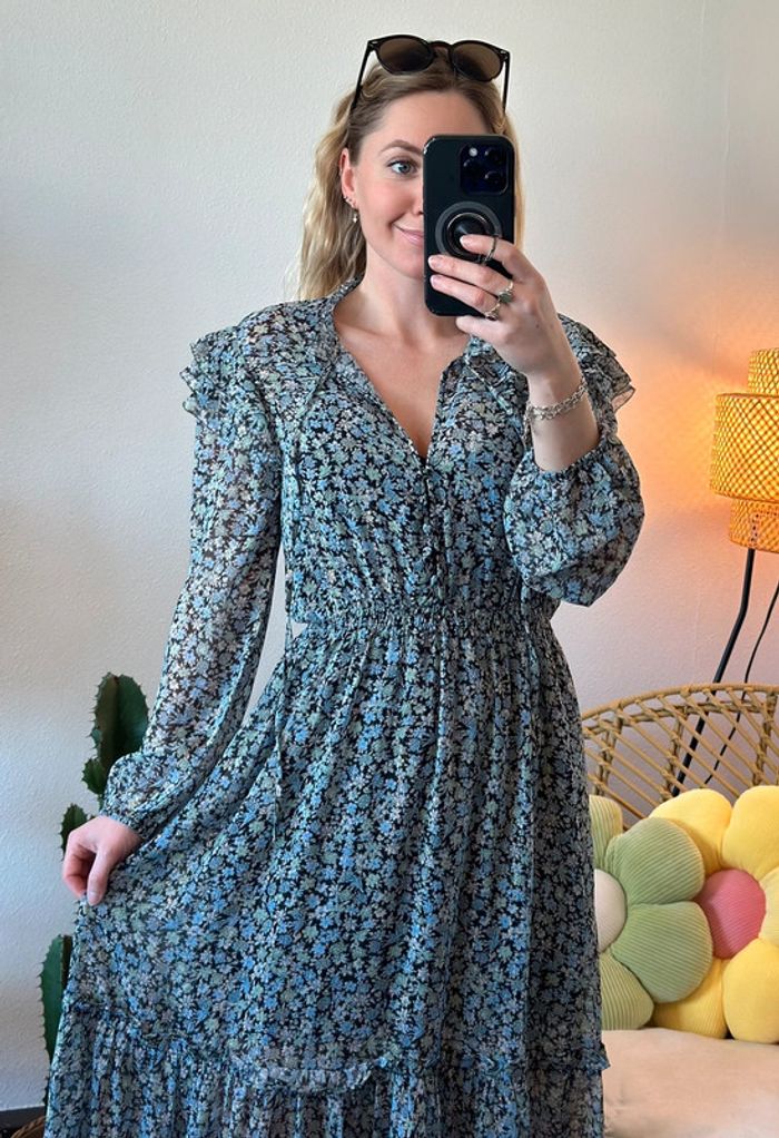 Robe longue bleu à motifs fleuris, modèle Renaza, taille 36 - Maje