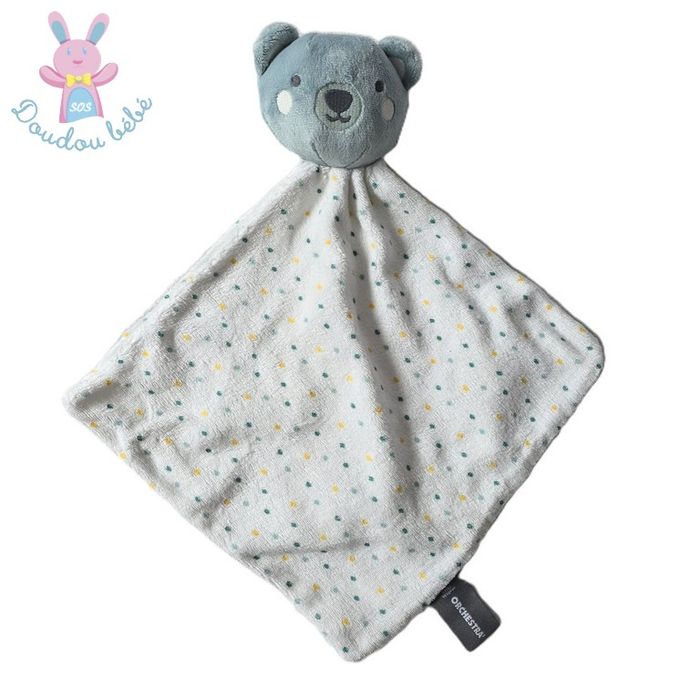 Doudou plat Ours bleu blanc à pois bleu jaune ORCHESTRA