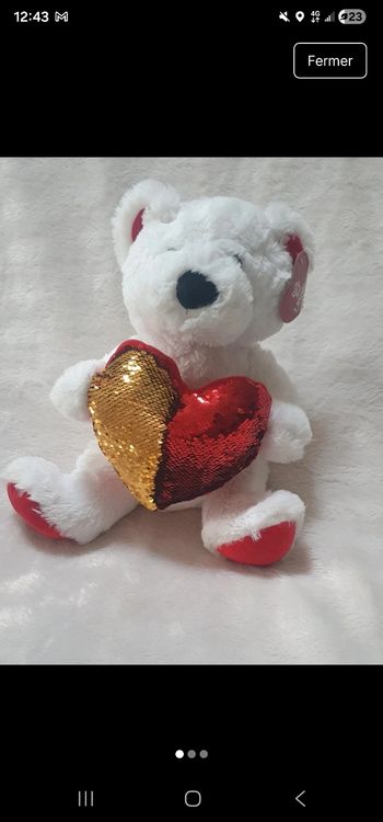 Peluche ourson blanc rouge et dorée