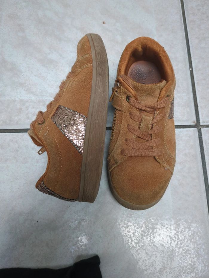 Baskets daim et cuir Vertbaudet marron Camel or 31 zip et lacets