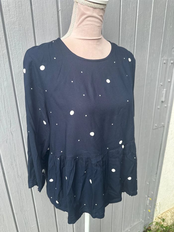 Blouse manches 3/4 bleu marine à pois blancs été légère ICHI 38/M - photo numéro 2
