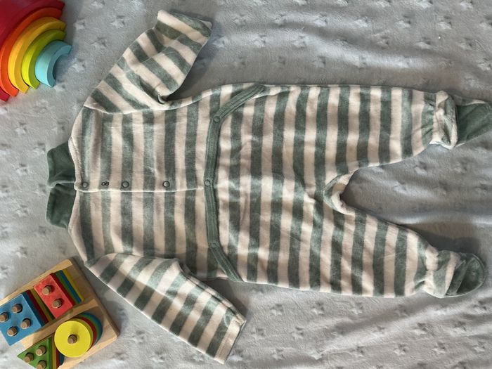 pyjama grenouillère en velours rayé menthe et blanc inscription devant 6 mois obaibi - photo numéro 10