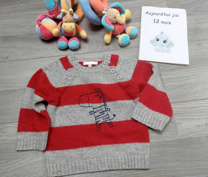 Pull à rayures gris et rouge zèbre bébé garçon 12 mois Kitchoun