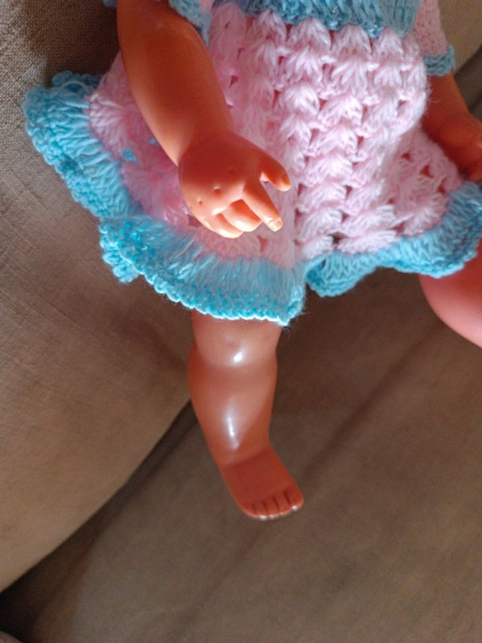 Poupée doll ancienne birgé blonde blond hair yeux eyes bleu blue robe dress tricot laine rose pink - photo numéro 5