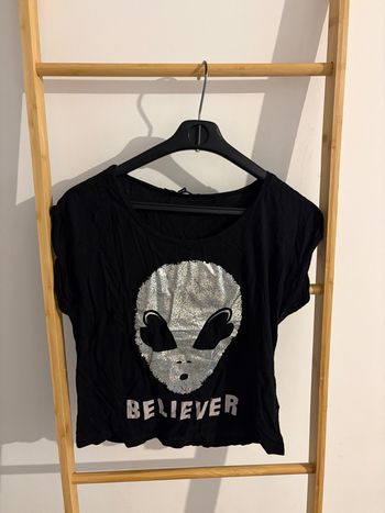 T-shirt Tally Weijl Noir Alien Paillettes 'Believer' Taille XXS