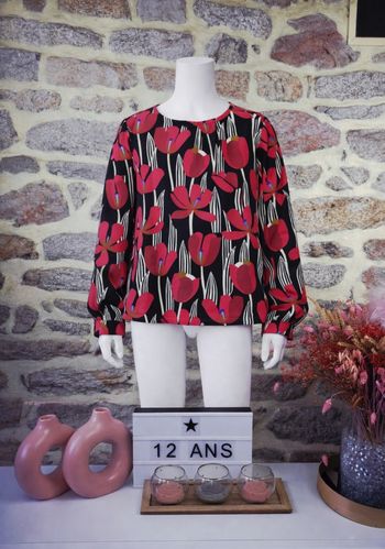 Blouse imprimée fleurs de pavot rose et noire Fille taille 12 ans marque Catimini 🦜