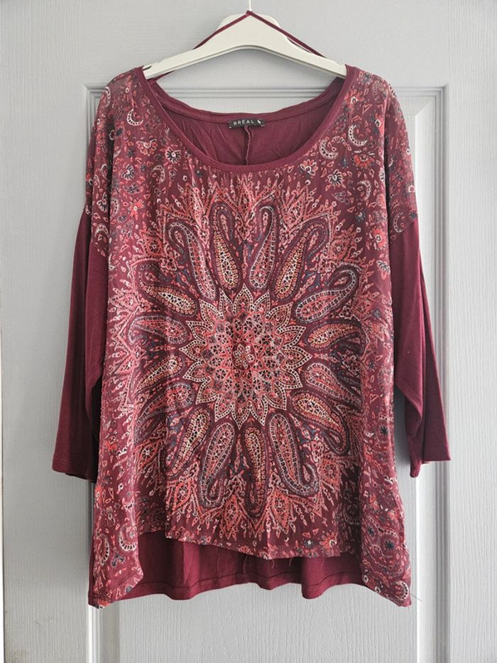 Blouse manches 3/4 femme - Taille 5 (44 / XXL) - Bréal - Bordeaux sérigraphie avec strass