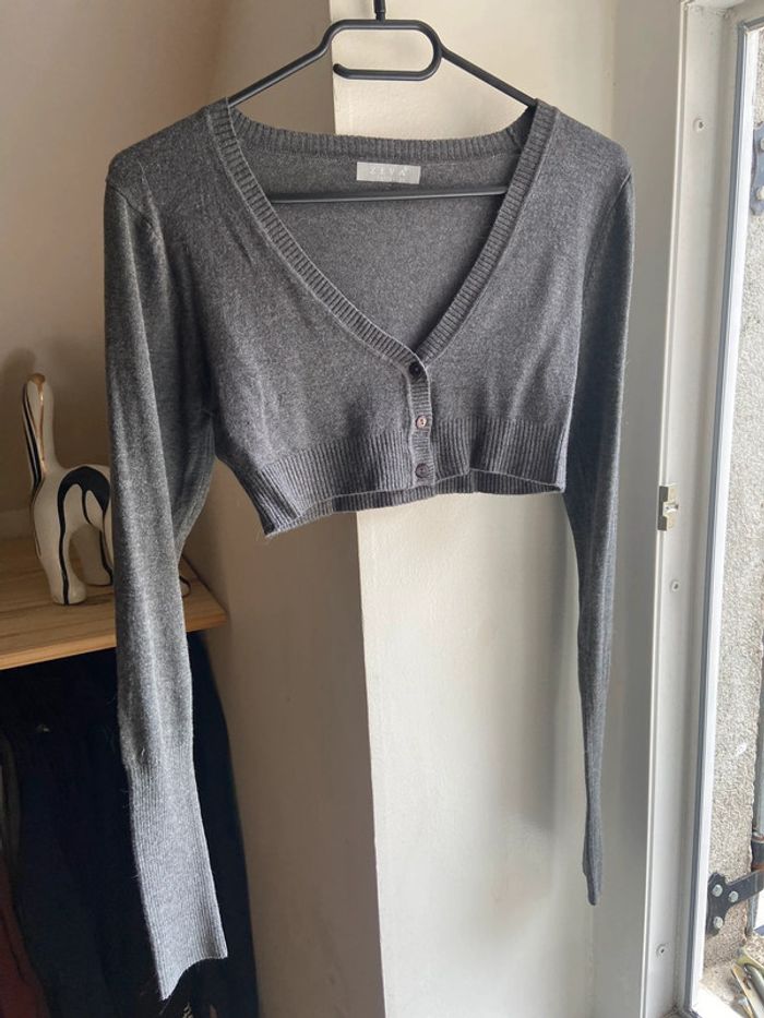 Pull manches longues crop top gris - photo numéro 2