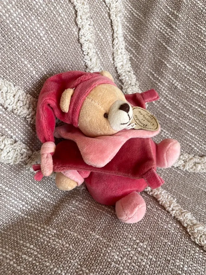 Peluche boule 17cm doudou et compagnie ours arlequin beige et rouge très bon état - photo numéro 2