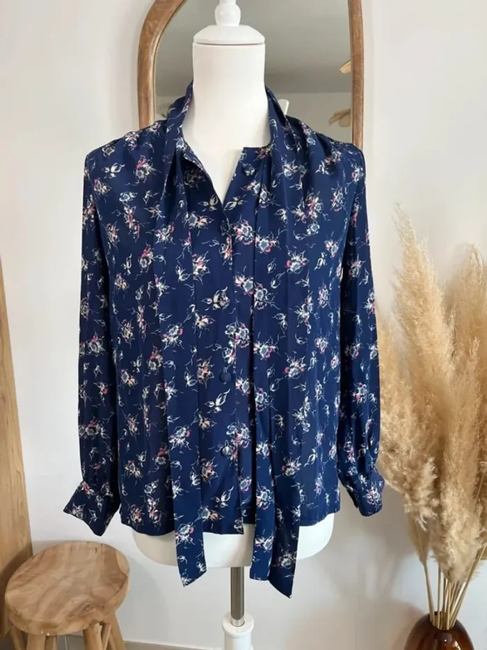 Blouse fleurie bleue marine vintage japonaise - photo numéro 3