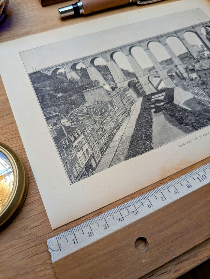 Imprimée en 1890, le Viaduc de Morlaix, Finistère. Original Vintage Authentique - photo numéro 5