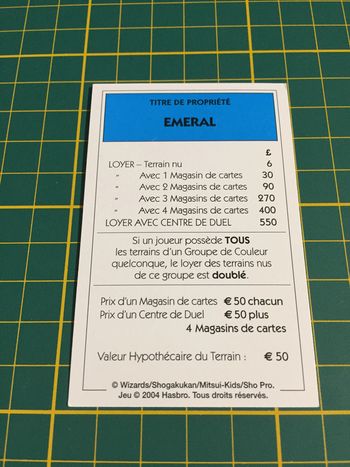 Carte Emeral pièce détachée Monopoly Duel Masters Hasbro Parker Wizards #A64