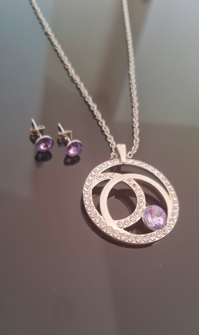 Parure élégante violet & argenté – collier cercle + boucles neuves - photo numéro 2