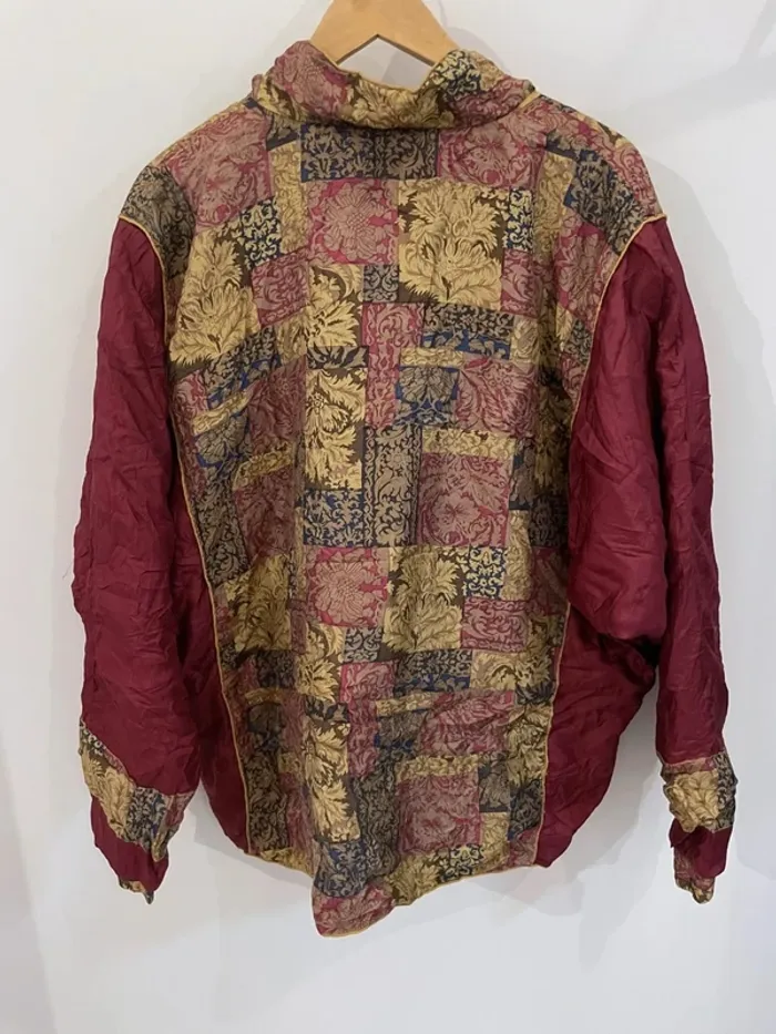 100% Silk Jacket vintage burgundy patchwork style Womens XXL - photo numéro 2