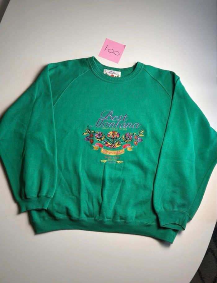 Sweat vintage vert brodé fleurs best Montana T.U