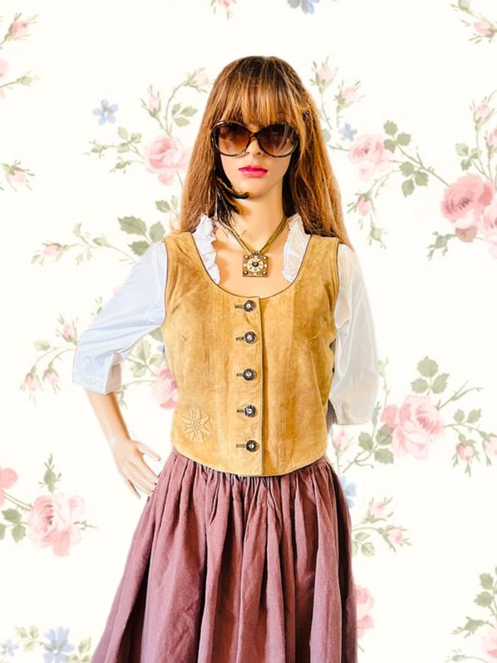 🤎🌿Gilet cuir vintage daim naturel autrichien cottagecore forest leather sleeveless jacket🌿🤎 - photo numéro 5
