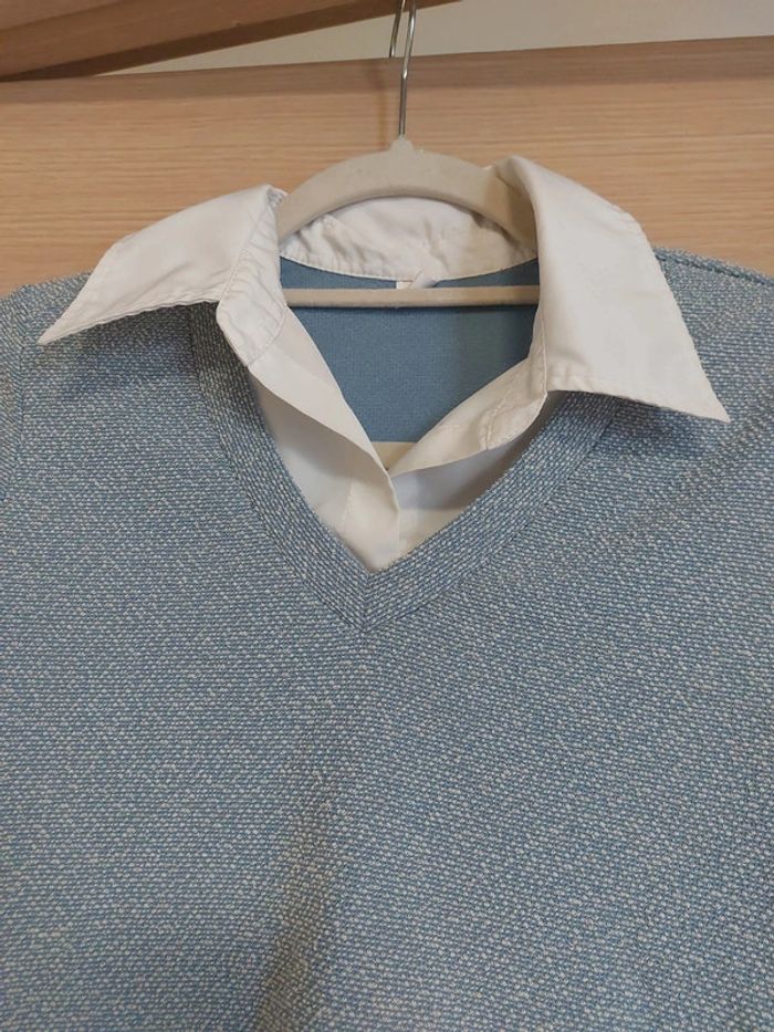 Haut bleu vintage col blanc - photo numéro 2