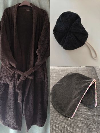 Peignoir, serviette cheveux et fleur de douche