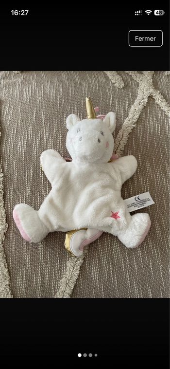 Peluche doudou marionnette 25cm Simba toys licorne blanc rose et doré parfait état