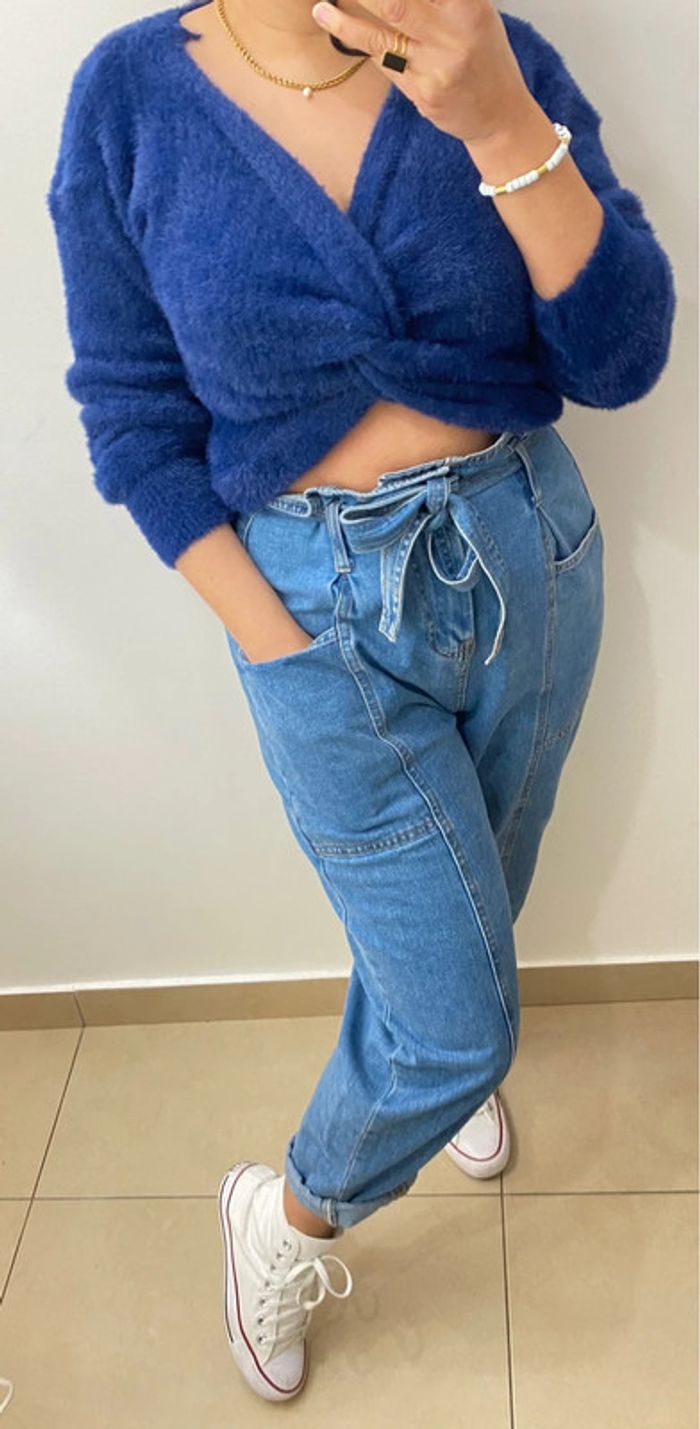 Pull Court Croisé Bleu Marine Duveteux Taille Unique - photo numéro 2