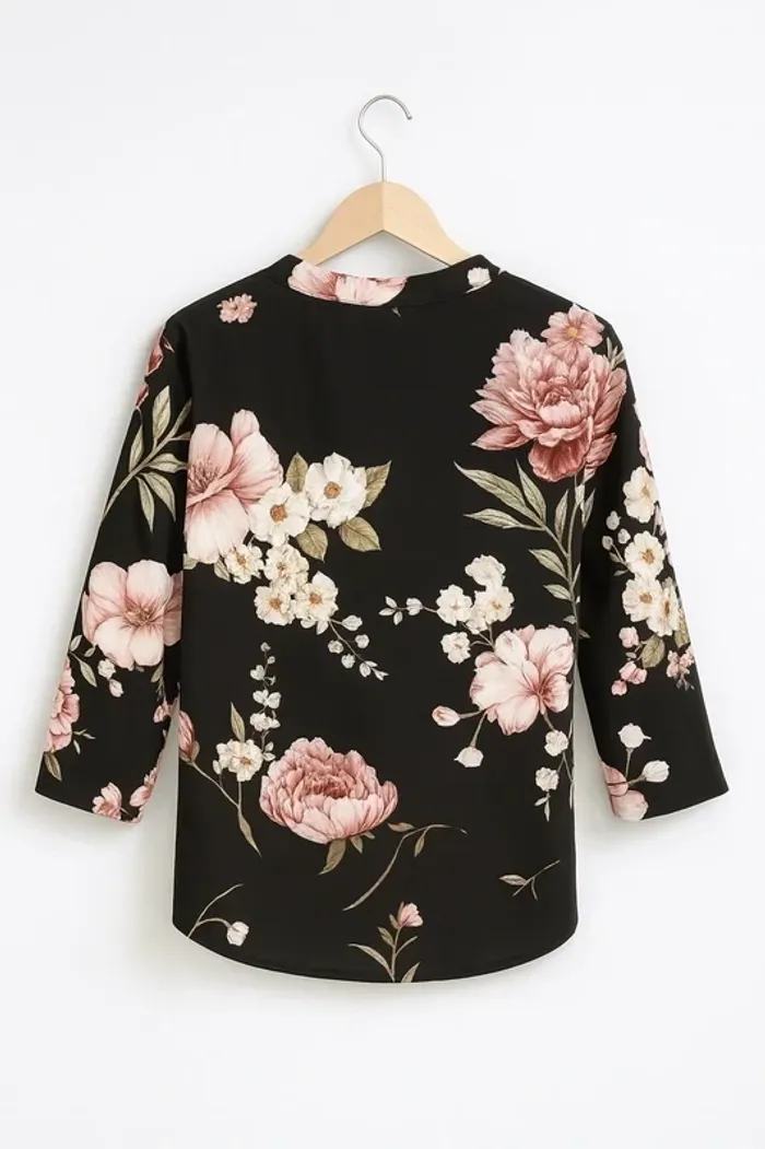 Très jolie blouse de la marque New Collection, au motif floral rose clair sur fond noir - photo numéro 3