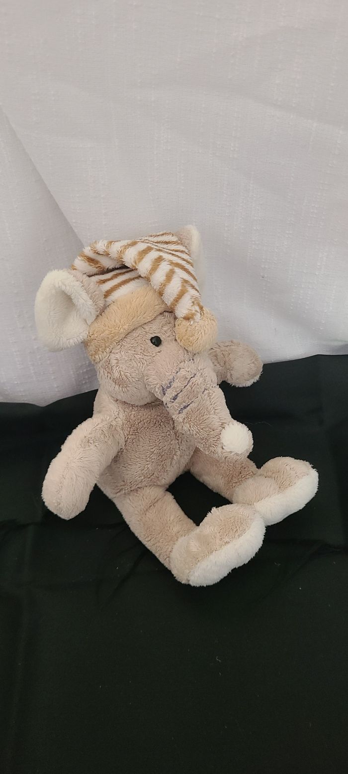 Doudou Eléphant Elephant Planet Pluch Jemini marron écru beige bonnet rayé - photo numéro 3