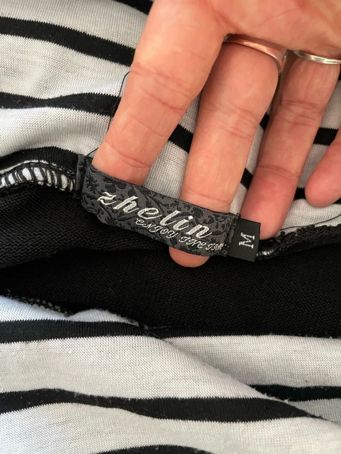 Pull à manches longues noir col croisé gris à rayures noir Zhelin taille M - photo numéro 5