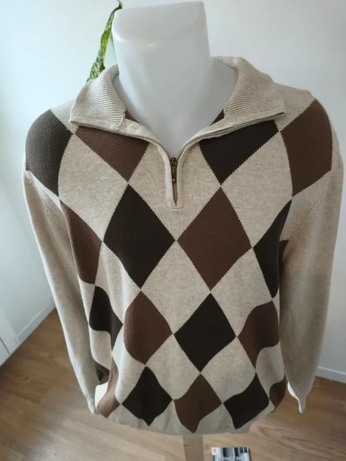Pull IZOD homme col zippé | Motif losanges (argyle) | 100% coton | Taille M | Très bon état - photo numéro 2