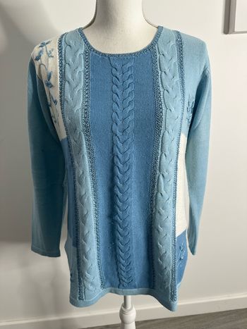 Pull patchwork mailles torsades broderies fleurs bleu et blanc Damart T38/40 M/L
