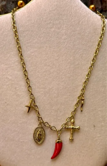 Collier chaîne épaisse réglable acier inoxydable or breloques croix piments médaille vierge