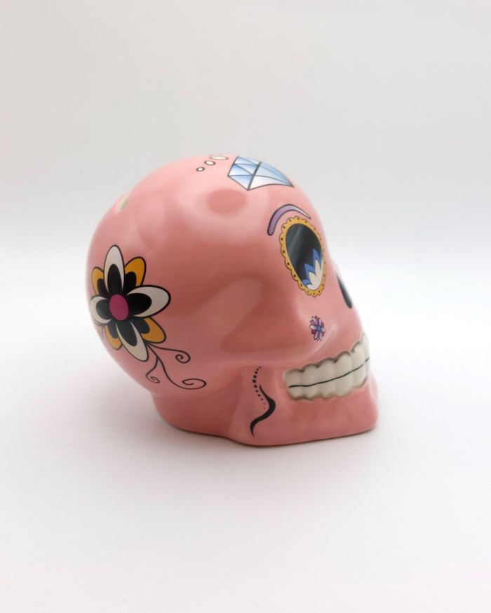 Tirelire tête de mort céramique rose Puckator style mexicain comme dans le film Coco hauteur 10 cm - photo numéro 4