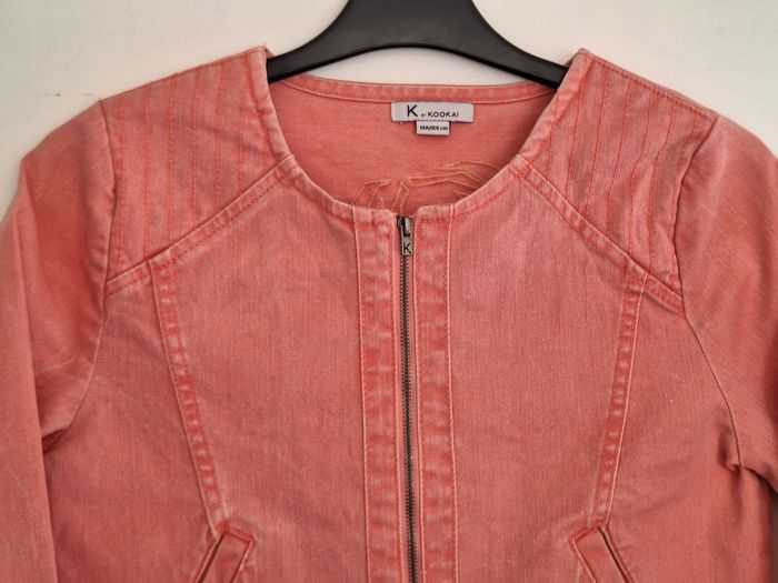 Veste en jean zippée couleur unie avec broderie et imprimé au dos - photo numéro 2
