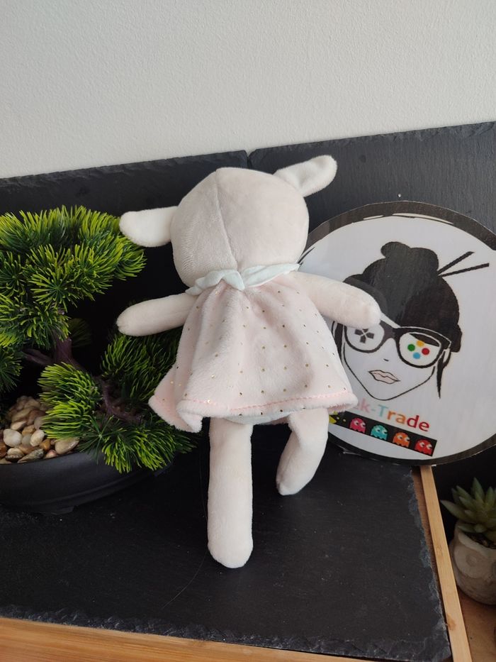 Mots d'enfants Doudou peluche biche rose robe beige blanc noeud doré Crème Faon - photo numéro 2