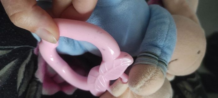 doudou peluche lapin bleu ajena pomme marron beige bébé rayure rayé Noeud rose - photo numéro 3