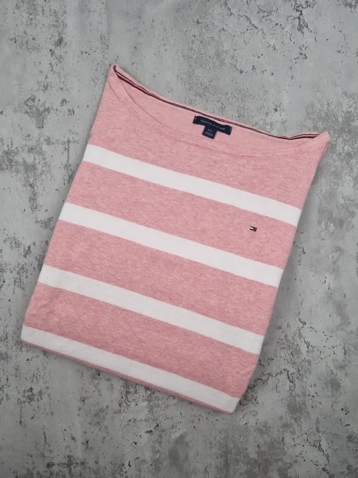 Sweat rose à rayures blanches Tommy Hilfiger – Taille L Femme (mesures en photos)