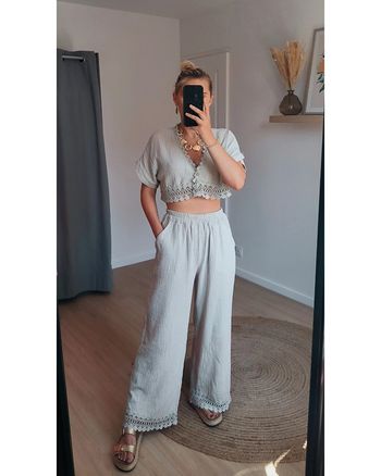 Ensemble 100% gaze de coton & dentelle Beige – Fabriqué en Italie 🇮🇹