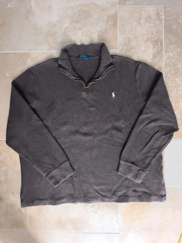 Pull quart zip camionneur Ralph Lauren marron logo blanc XL - photo numéro 2