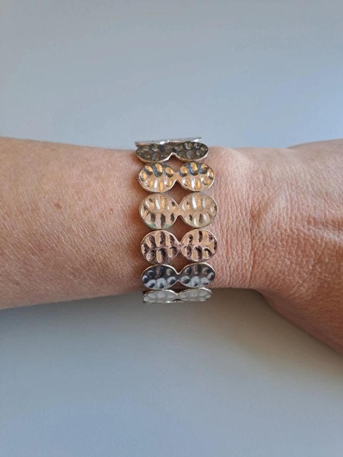 Bracelet élastique métal argenté perles martelées - photo numéro 4