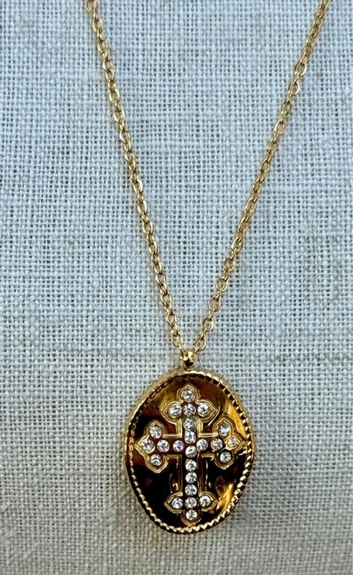 Collier sautoir acier inoxydable or réglable médaille xl croix cristaux - photo numéro 2