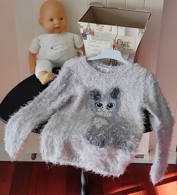 🐱 Pull poilu rose & gris motif chat – fille 6 ans