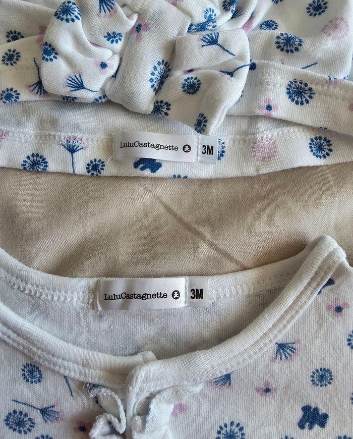 LuluCastagnette Lot Pyjama Bonnet Body Coton Blanc Violet Très bon état 3 mois - photo numéro 4