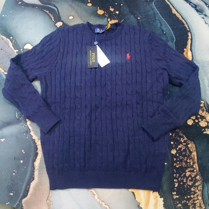 Pull torsadé col rond Polo Ralph Lauren bleu logo brodé rouge taille XL - photo numéro 2