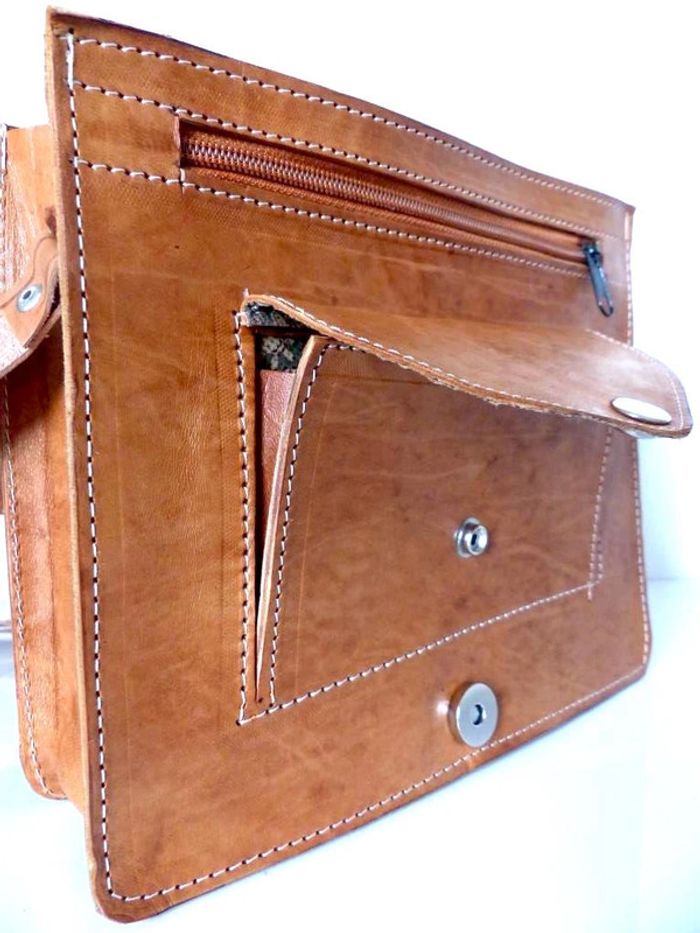 Sac bandoulière camel NEUF en cuir pleine fleur tannage naturel & laine Kilim besace ethnique - photo numéro 8
