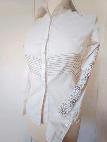 💎chemise brodé vintage 80 s 90 s femme haut de gamme blanche broderie florale marron cuivré t 1 s 36